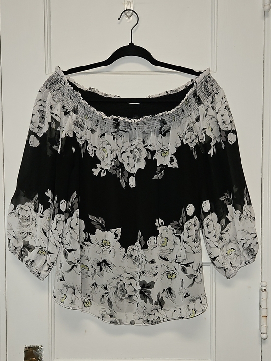 White House Black Market Tops - White House Black Market Black and White Floral Off-Shoulder Blouse